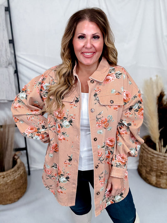 Floral Print Denim Shacket In Vintage Latte