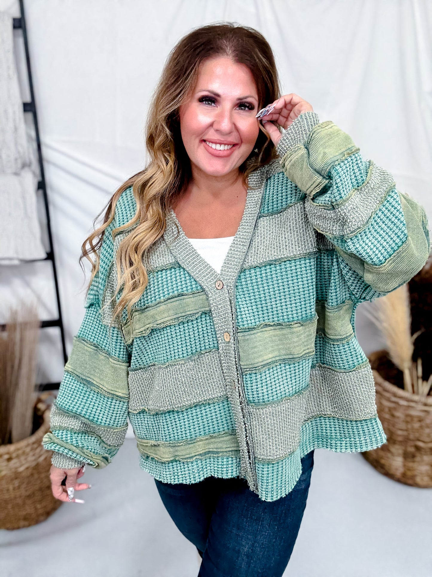 Multi Green Washed Color Block & Patchwork Cardigan