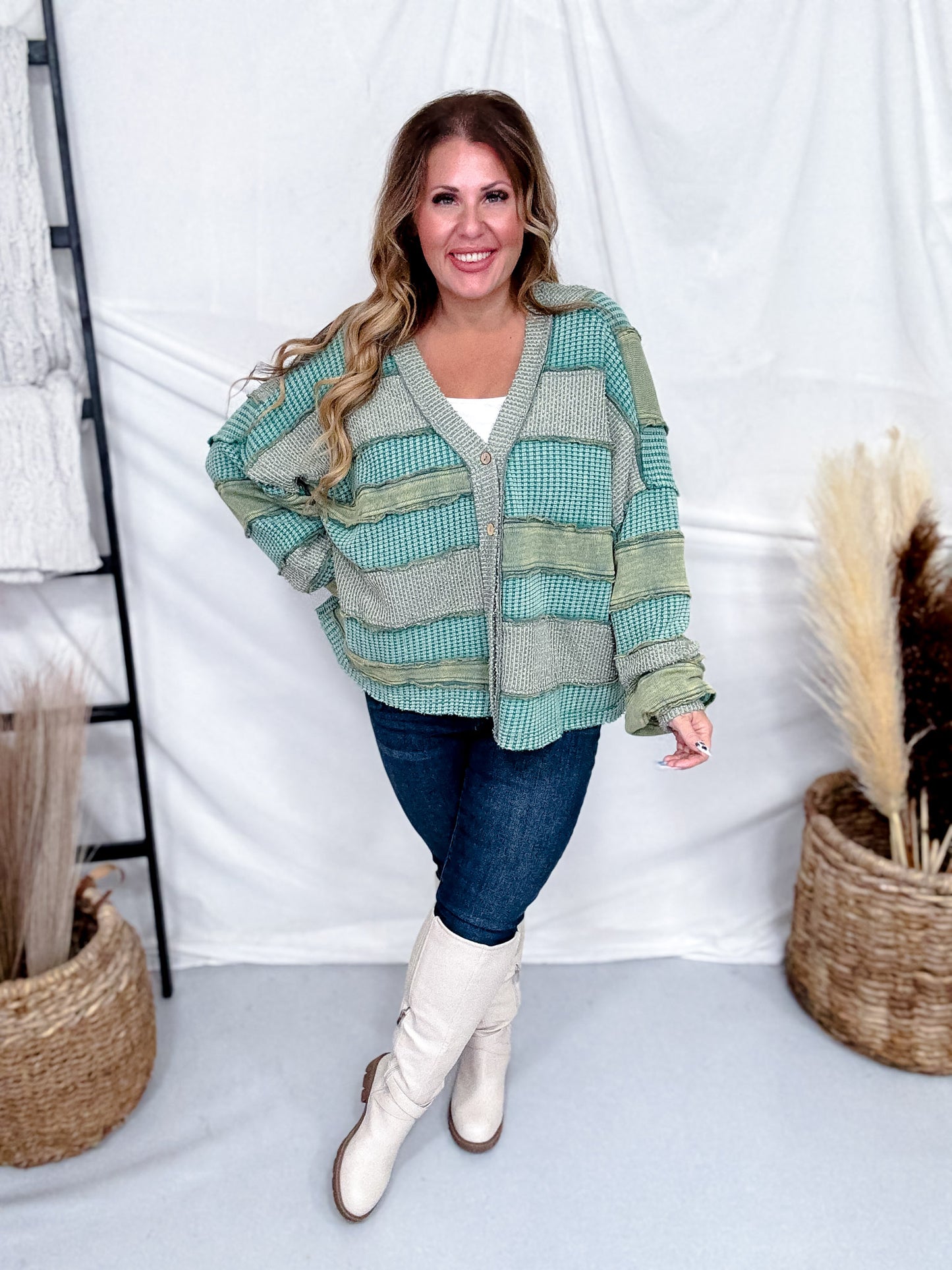Multi Green Washed Color Block & Patchwork Cardigan