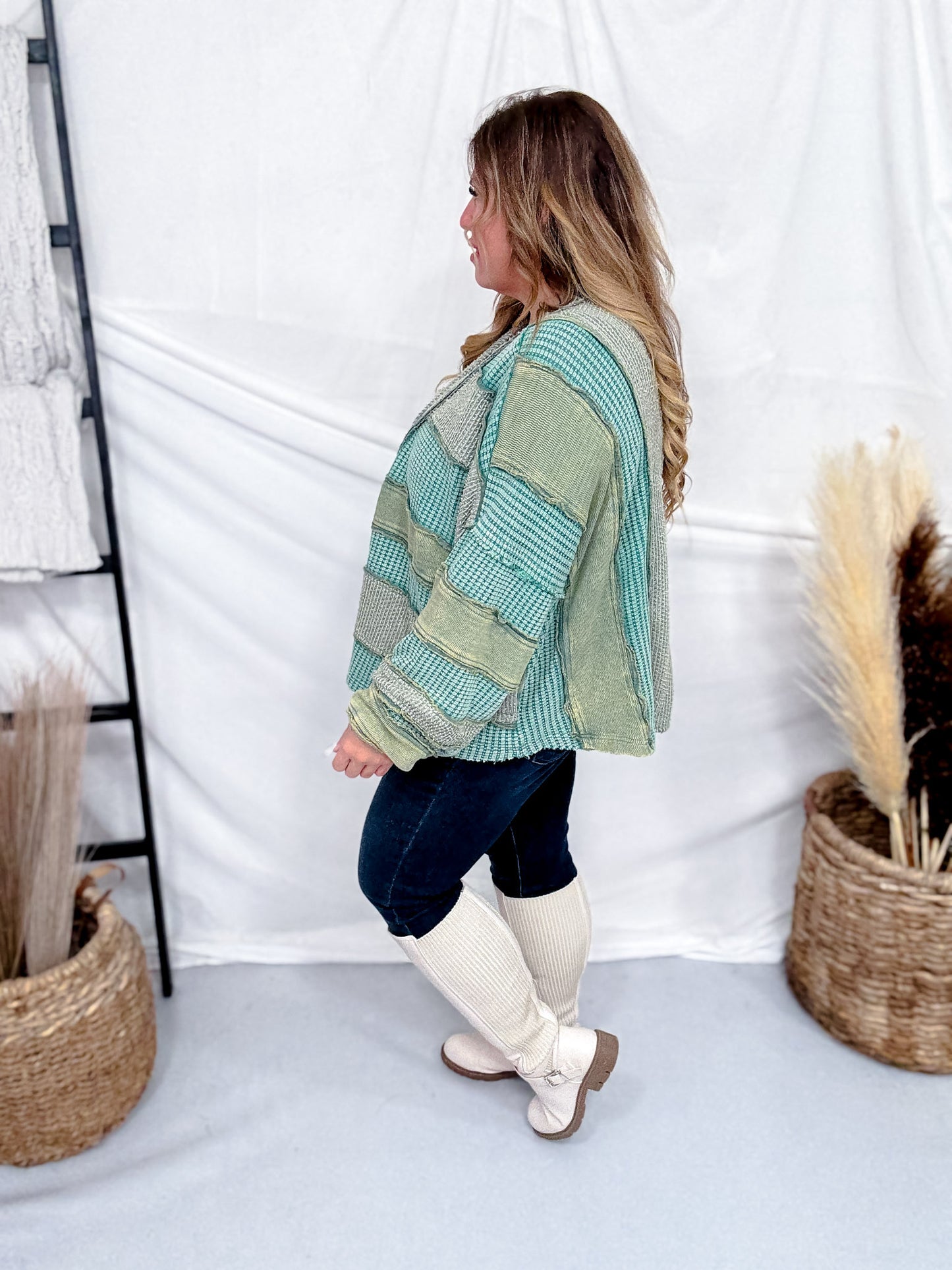 Multi Green Washed Color Block & Patchwork Cardigan