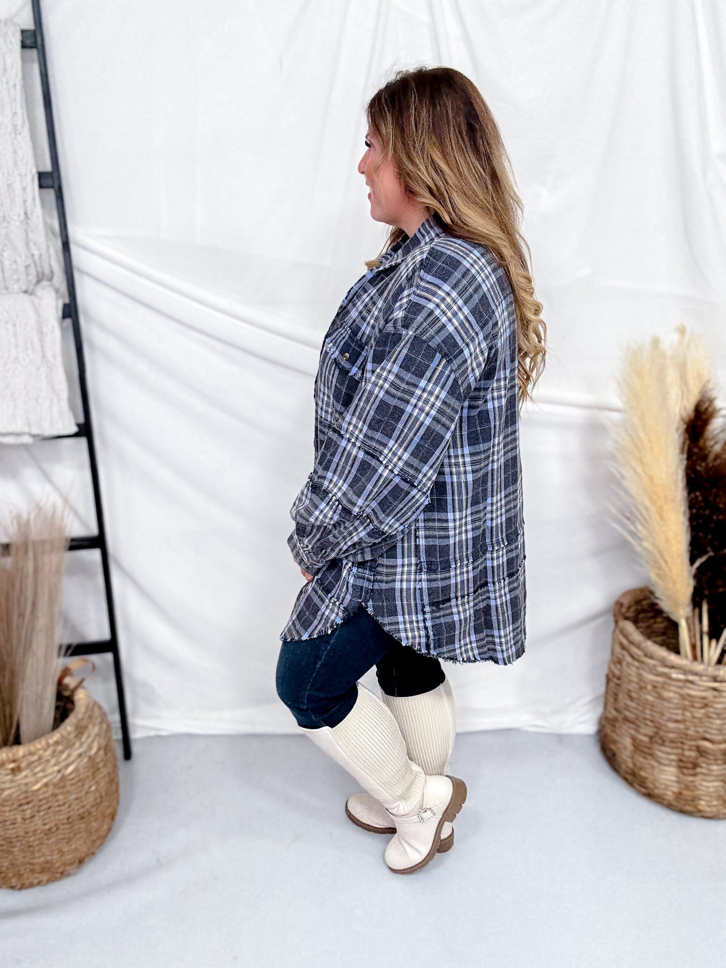 Navy Plaid Mineral Washed Flannel With Curved Hem