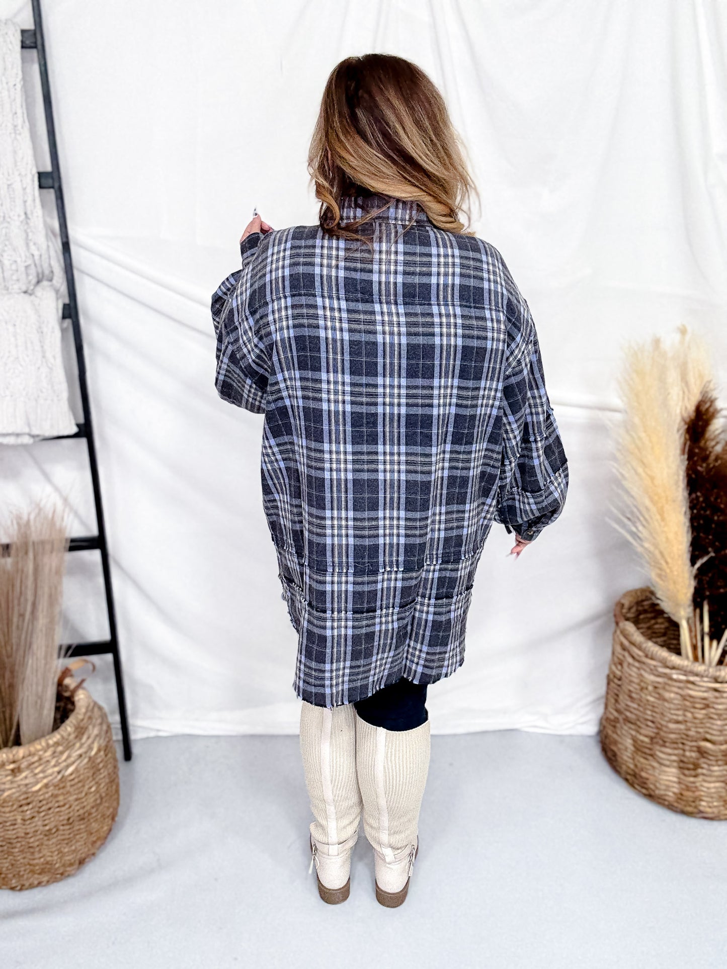 Navy Plaid Mineral Washed Flannel With Curved Hem