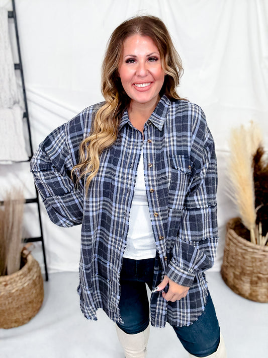 Navy Plaid Mineral Washed Flannel With Curved Hem