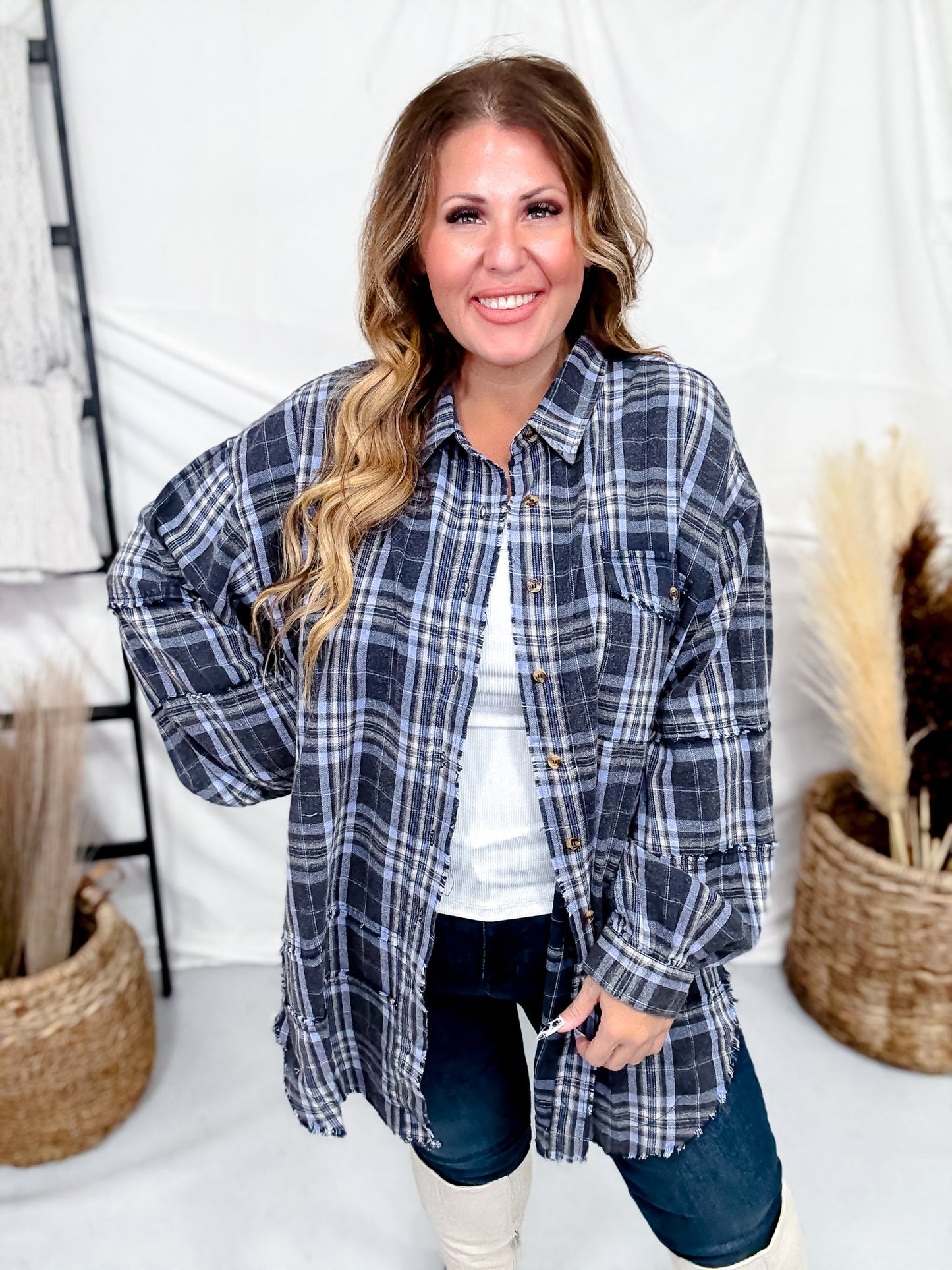 Navy Plaid Mineral Washed Flannel With Curved Hem