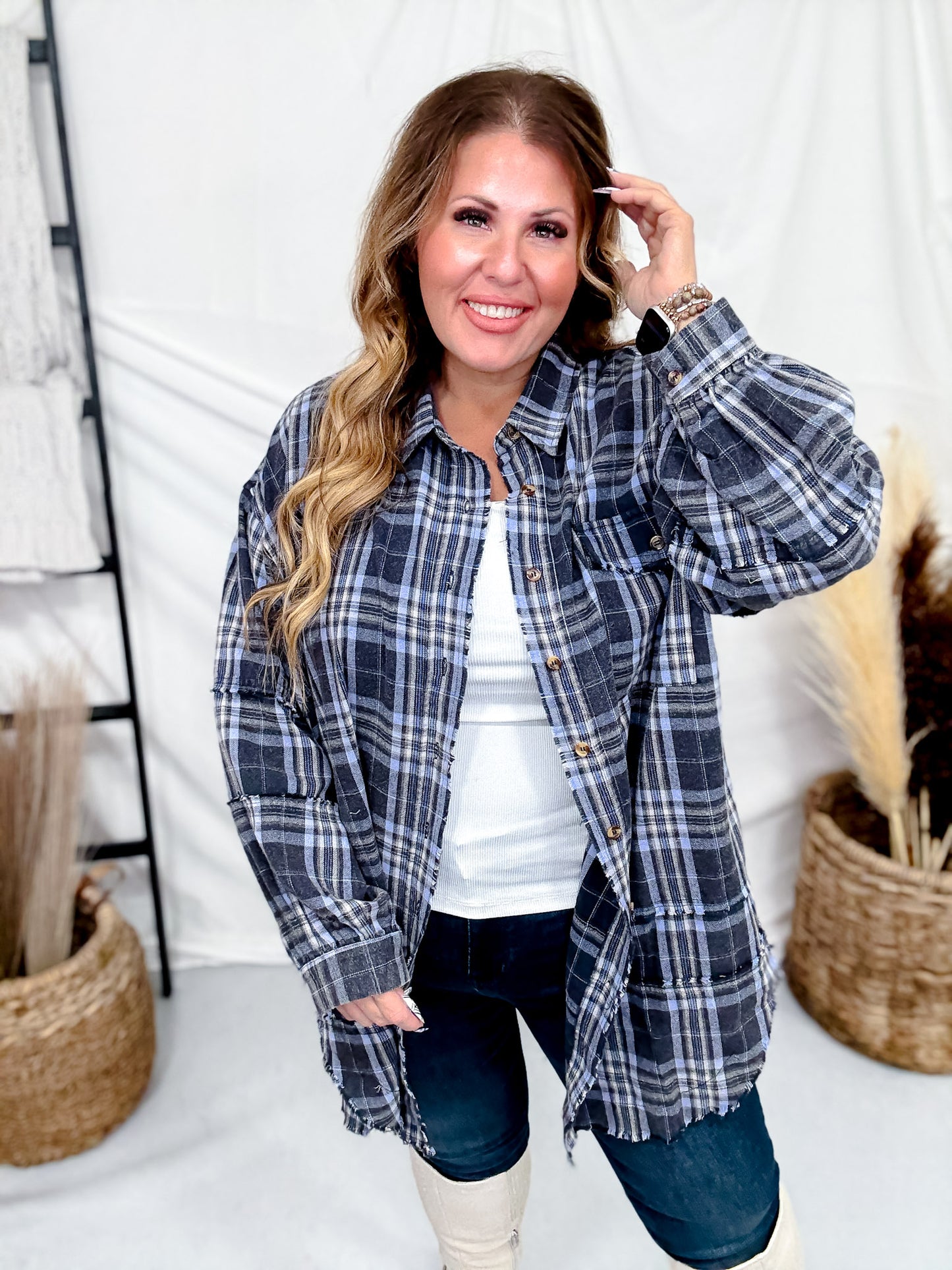 Navy Plaid Mineral Washed Flannel With Curved Hem