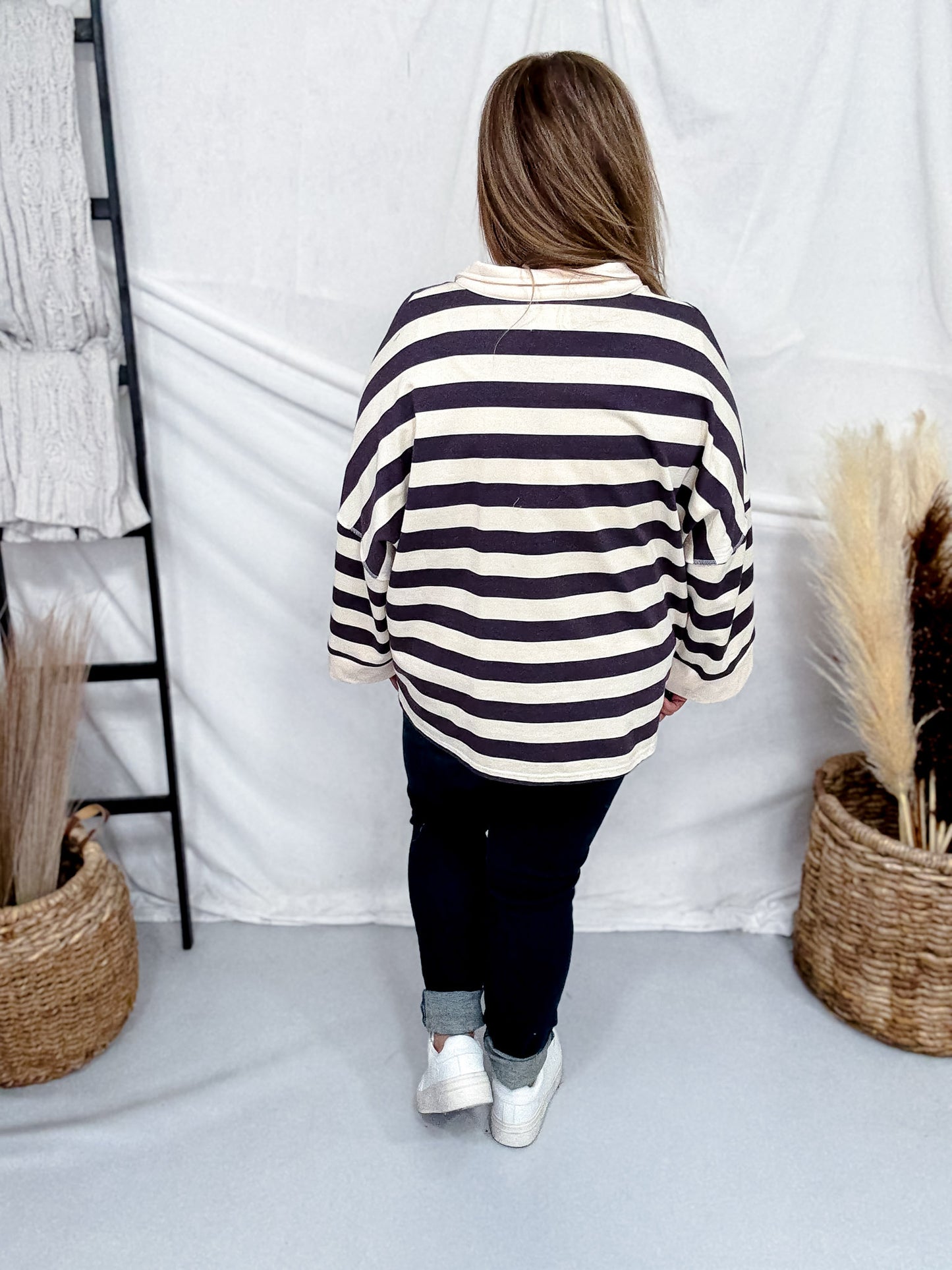 Gray & Cream Striped Sweatshirt With Half Zip Neckline