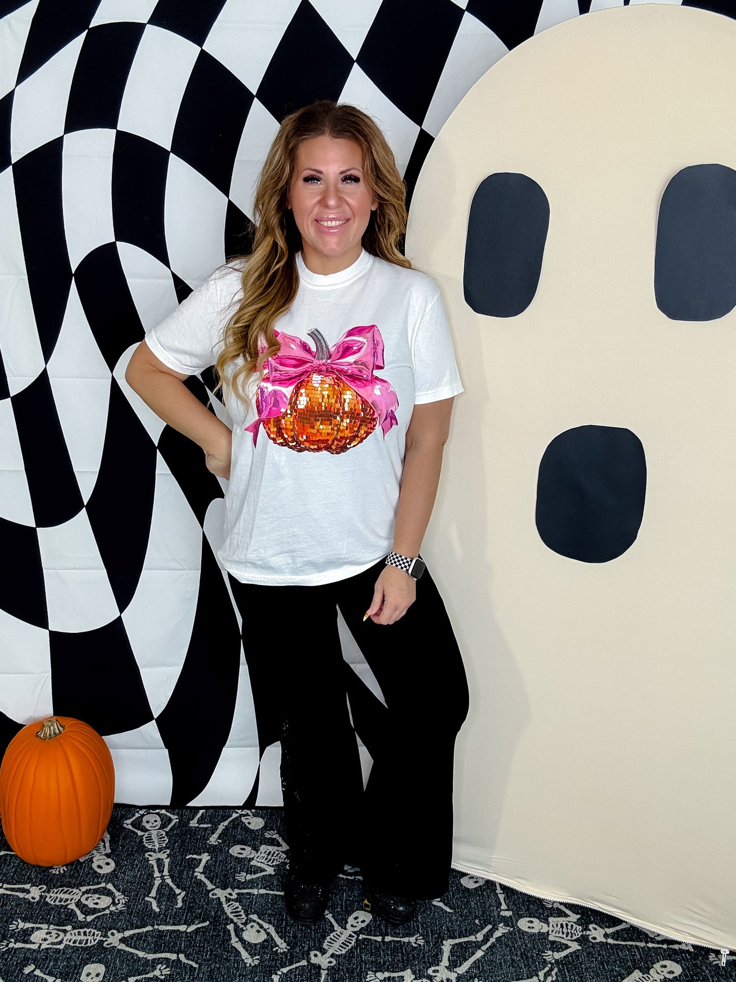 Sequin Pumpkin Pink Bow Graphic T-Shirt