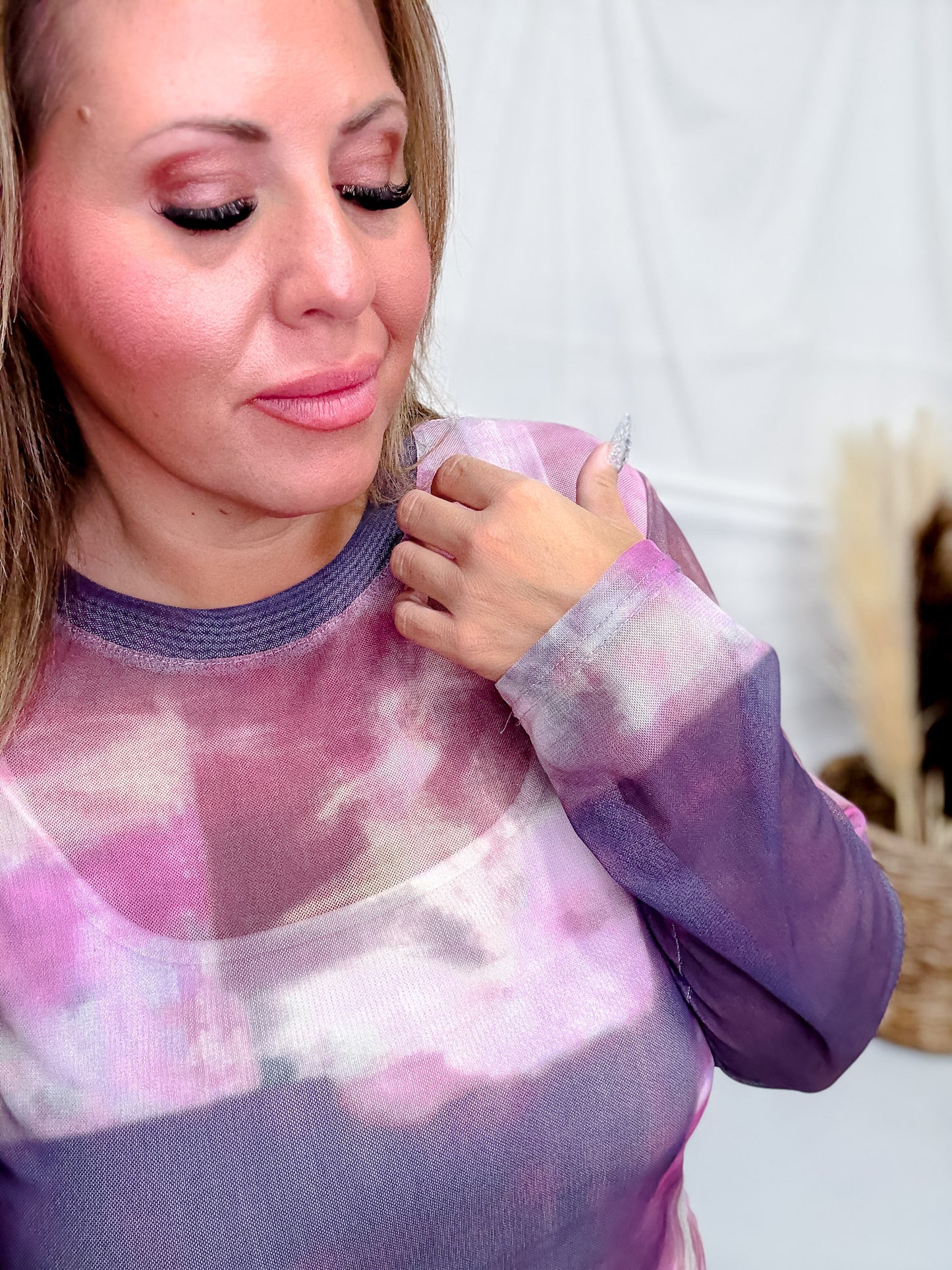 Abstract Orchid Long Sleeve Mesh Top