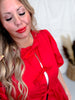 Red Poplin Front Tie Ribbon Peplum Blouse W/ Short Sleeves