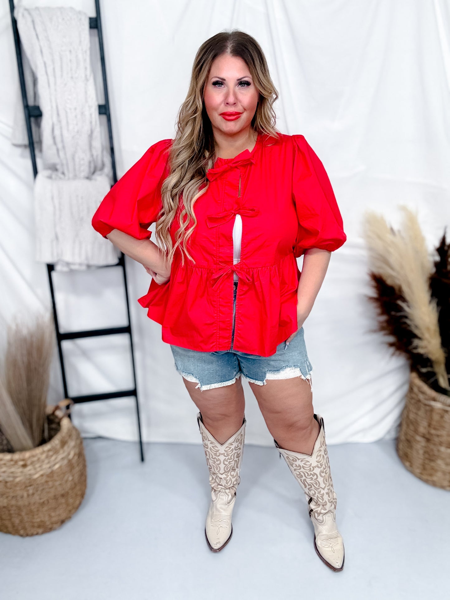 Red Poplin Front Tie Ribbon Peplum Blouse W/ Short Sleeves