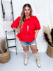 Red Poplin Front Tie Ribbon Peplum Blouse W/ Short Sleeves
