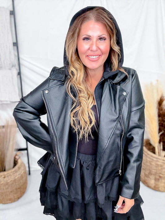Zip Up Hooded Black Faux Leather Jacket