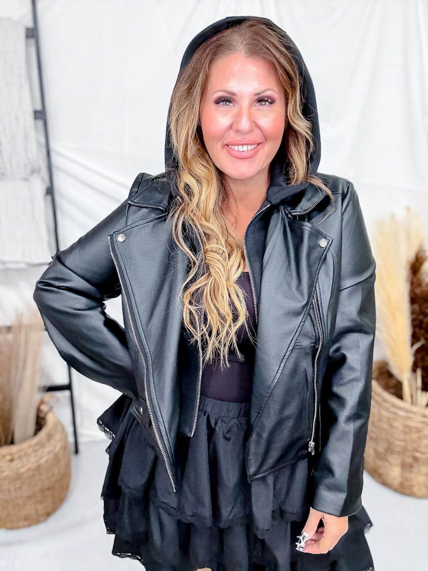 Zip Up Hooded Black Faux Leather Jacket