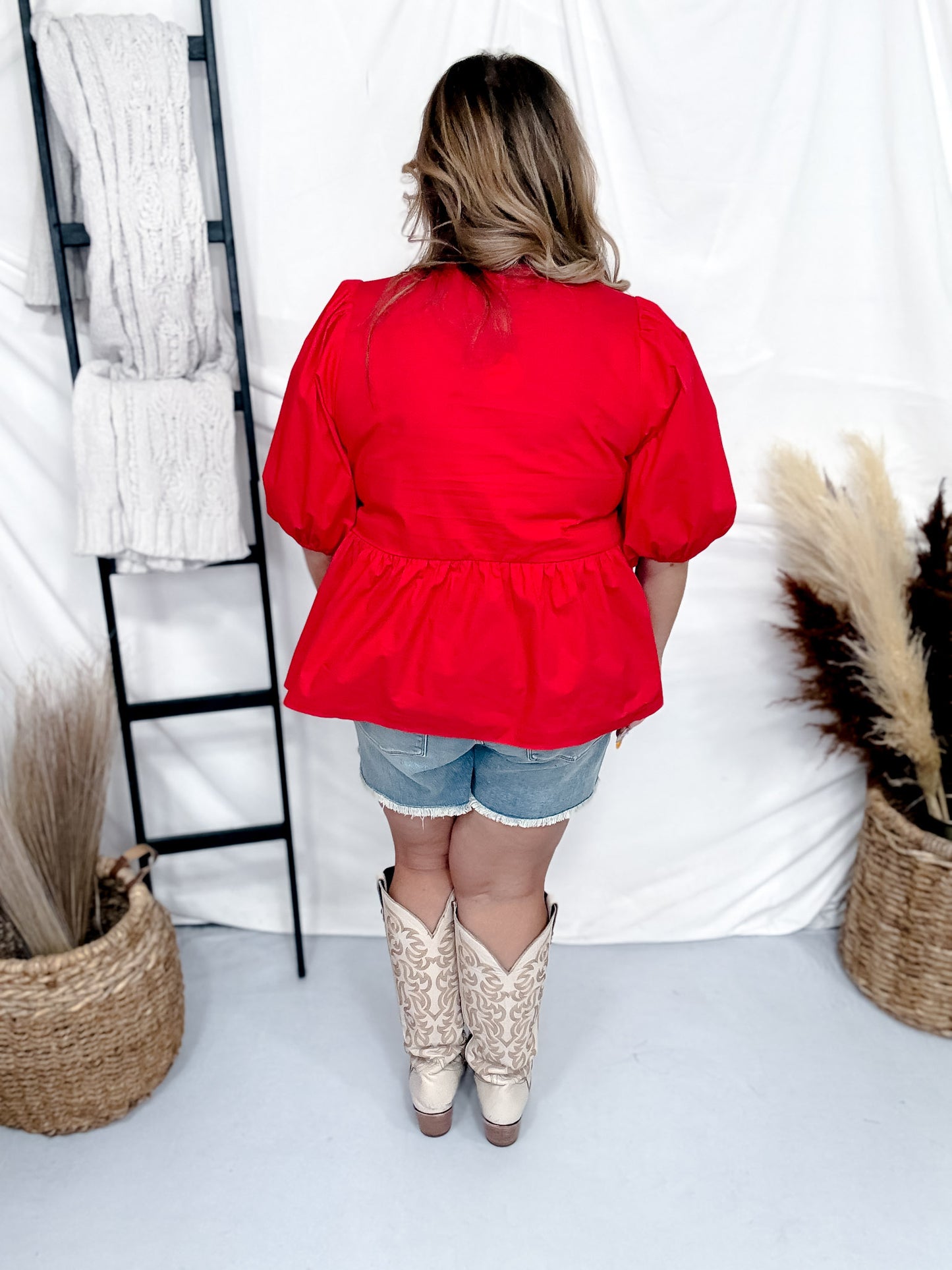 Red Poplin Front Tie Ribbon Peplum Blouse W/ Short Sleeves