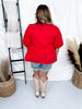 Red Poplin Front Tie Ribbon Peplum Blouse W/ Short Sleeves