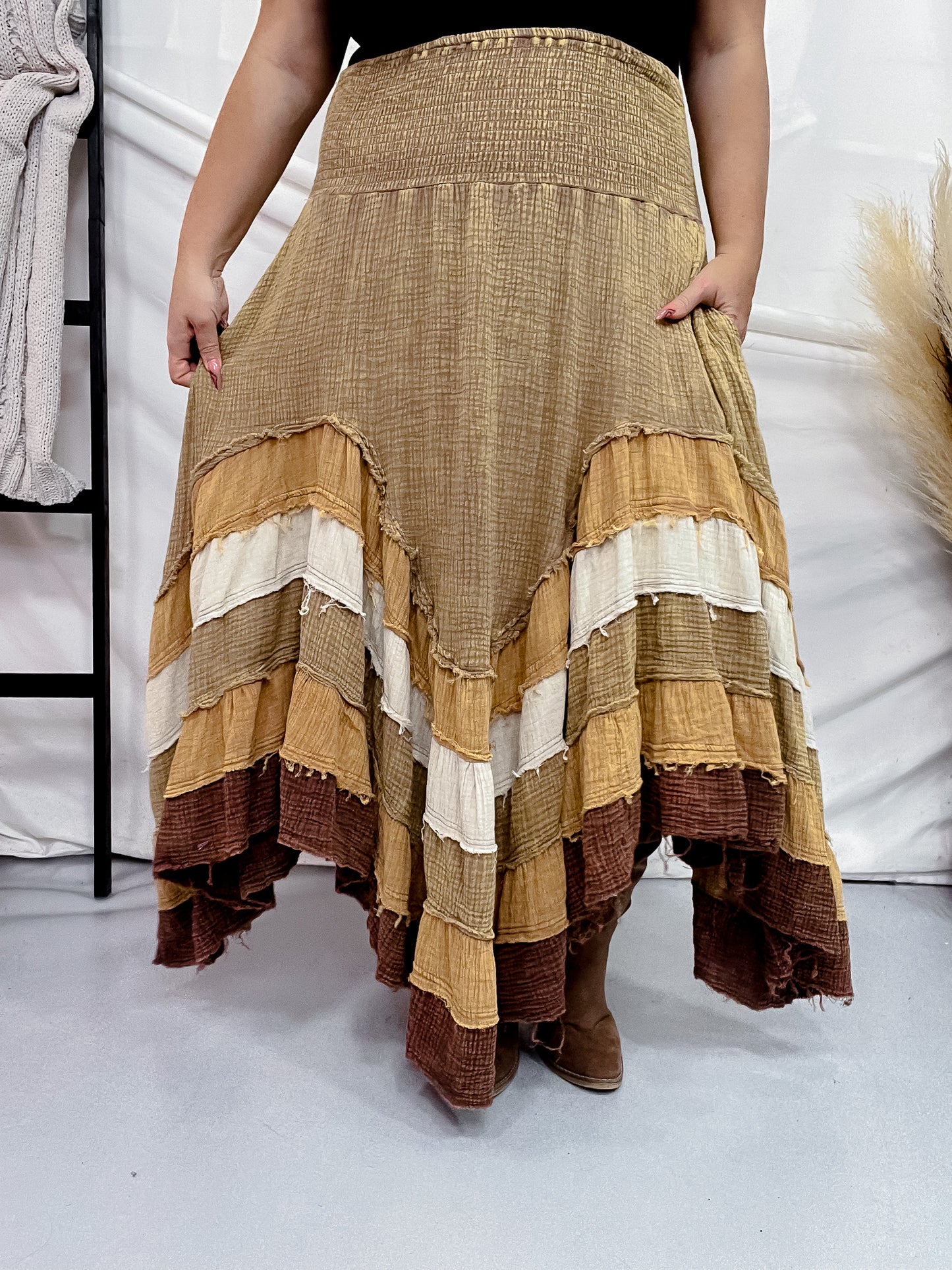 Brown Mineral Washed Tiered Hem Skirt