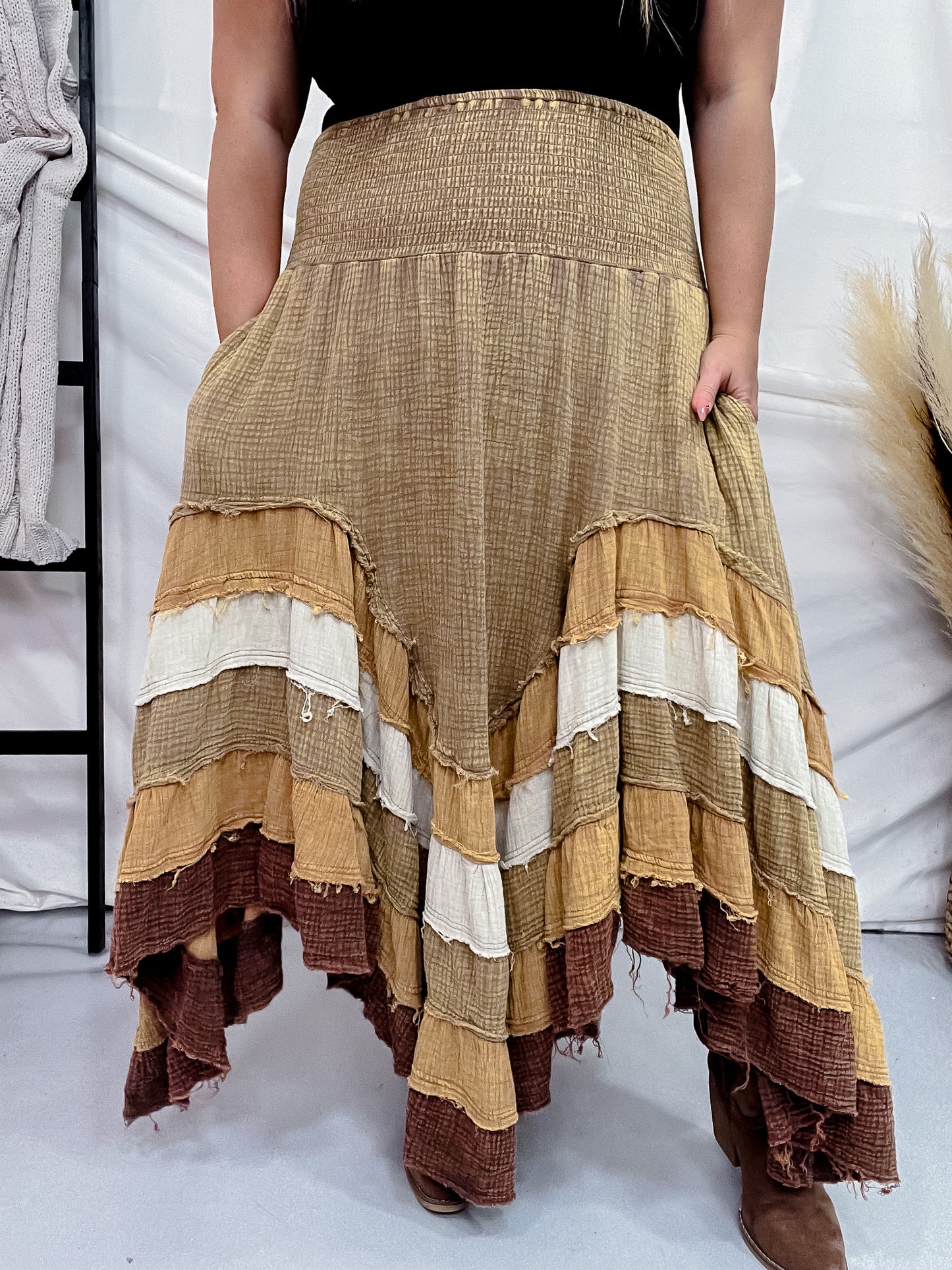 Brown Mineral Washed Tiered Hem Skirt