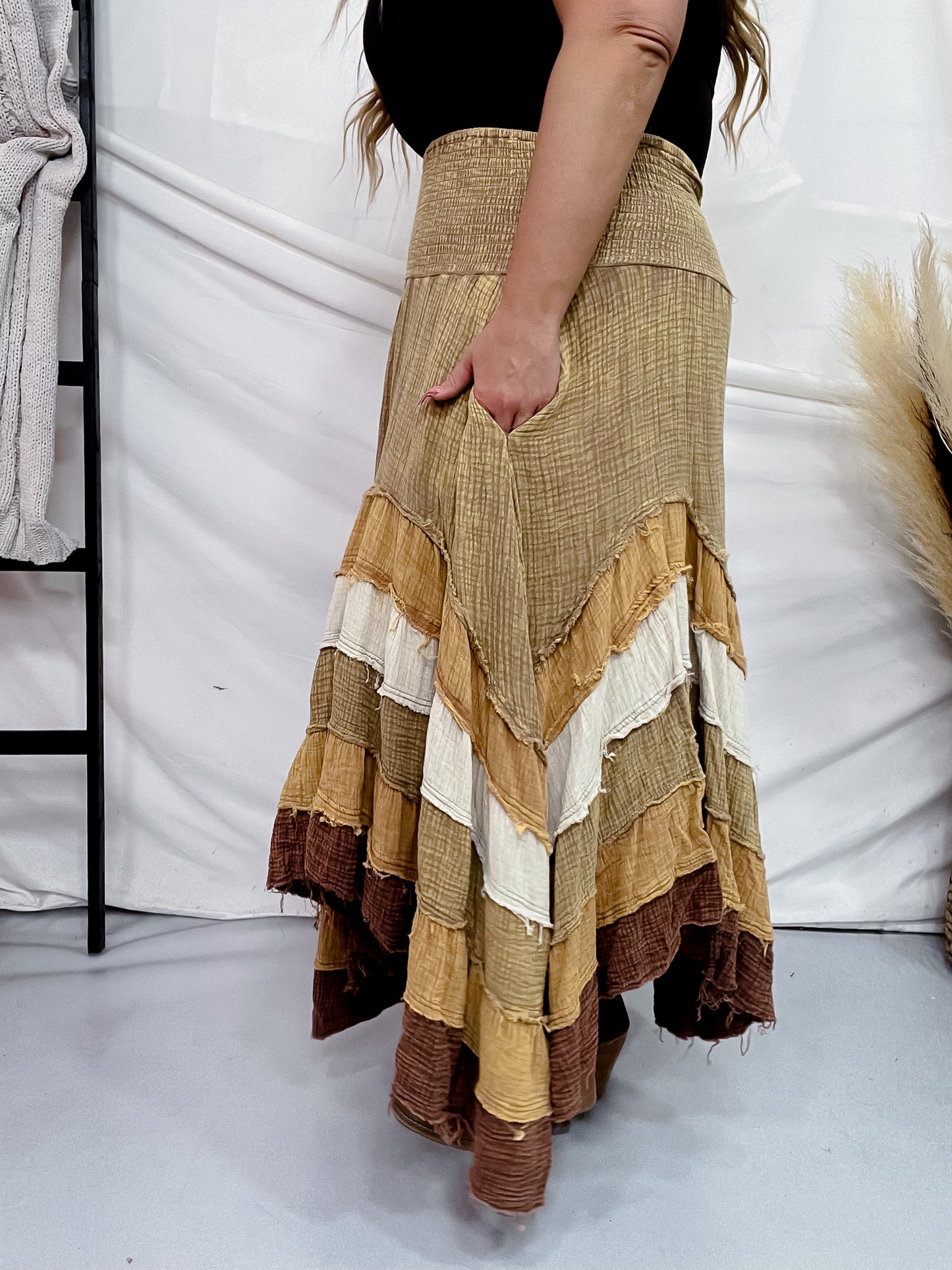 Brown Mineral Washed Tiered Hem Skirt
