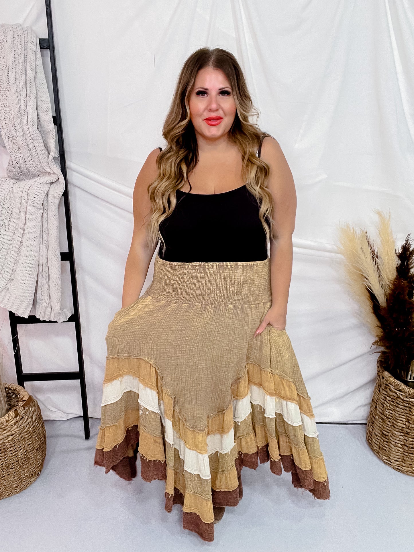 Brown Mineral Washed Tiered Hem Skirt