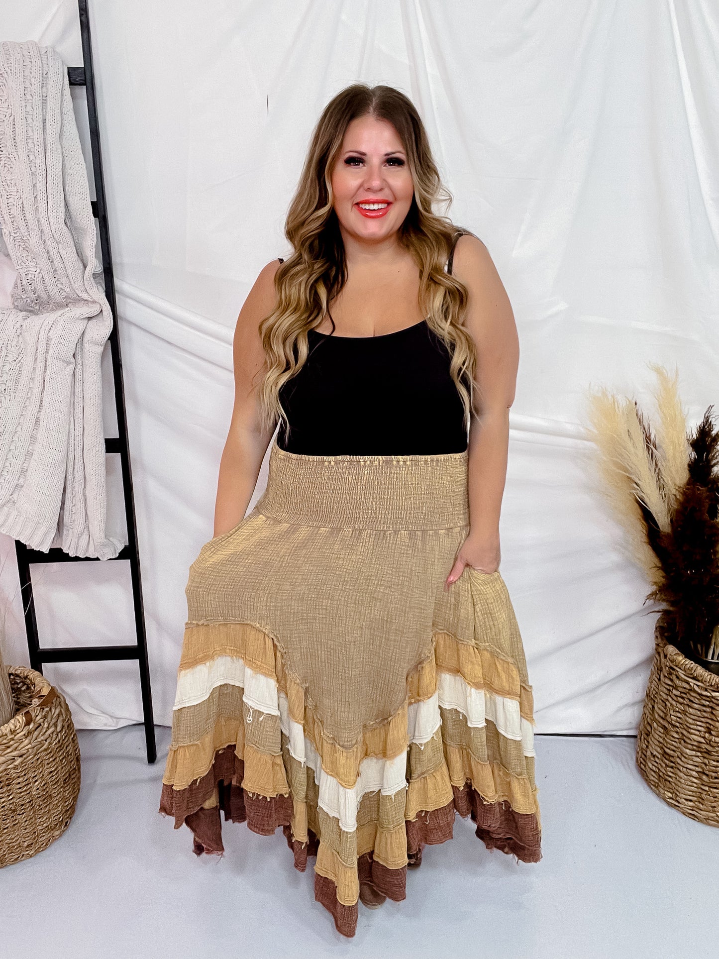 Brown Mineral Washed Tiered Hem Skirt