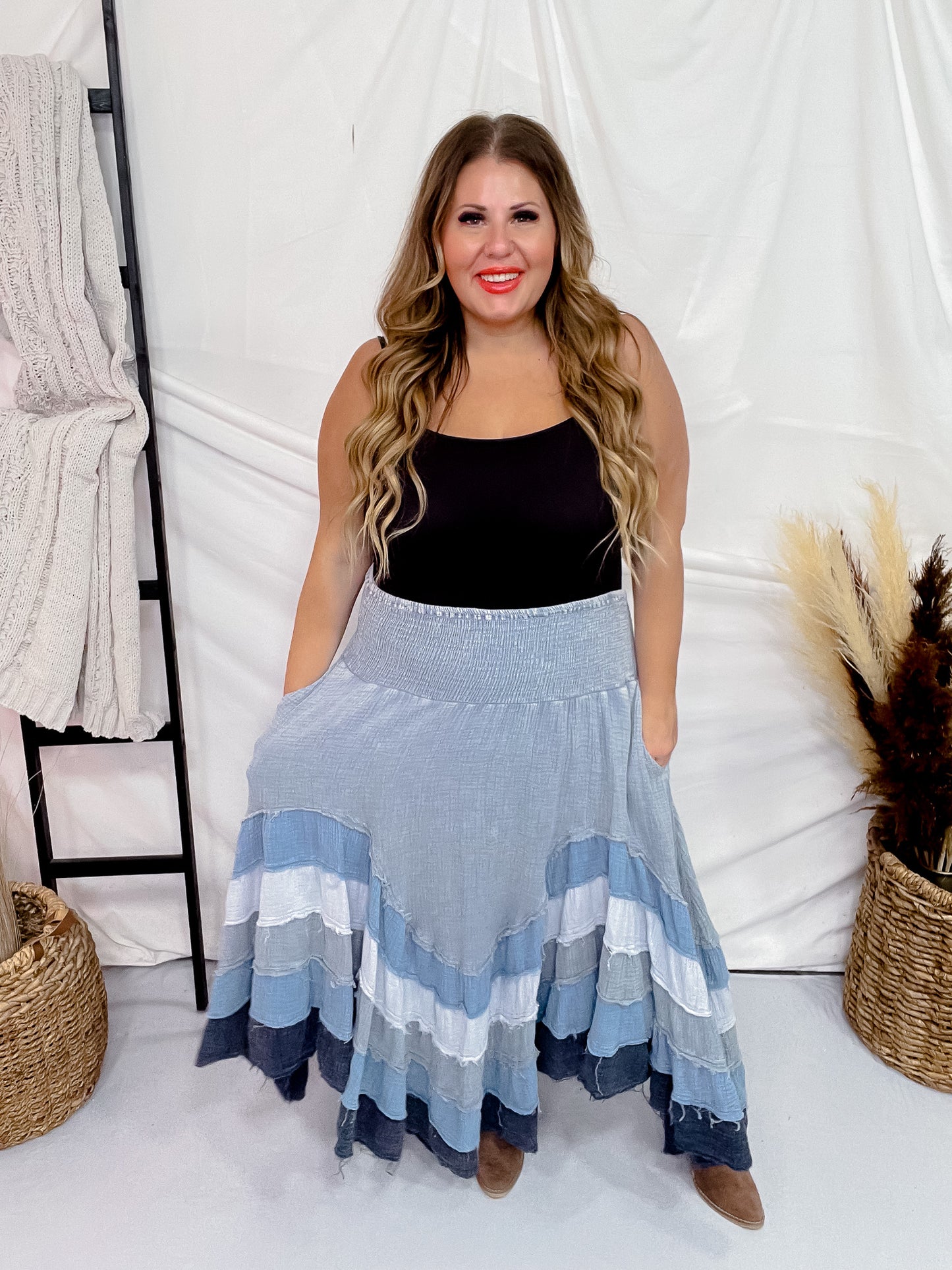 Blue Mineral Washed Tiered Hem Skirt