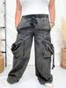 Black Washed Elastic Waist String Point Big Pocket Trousers