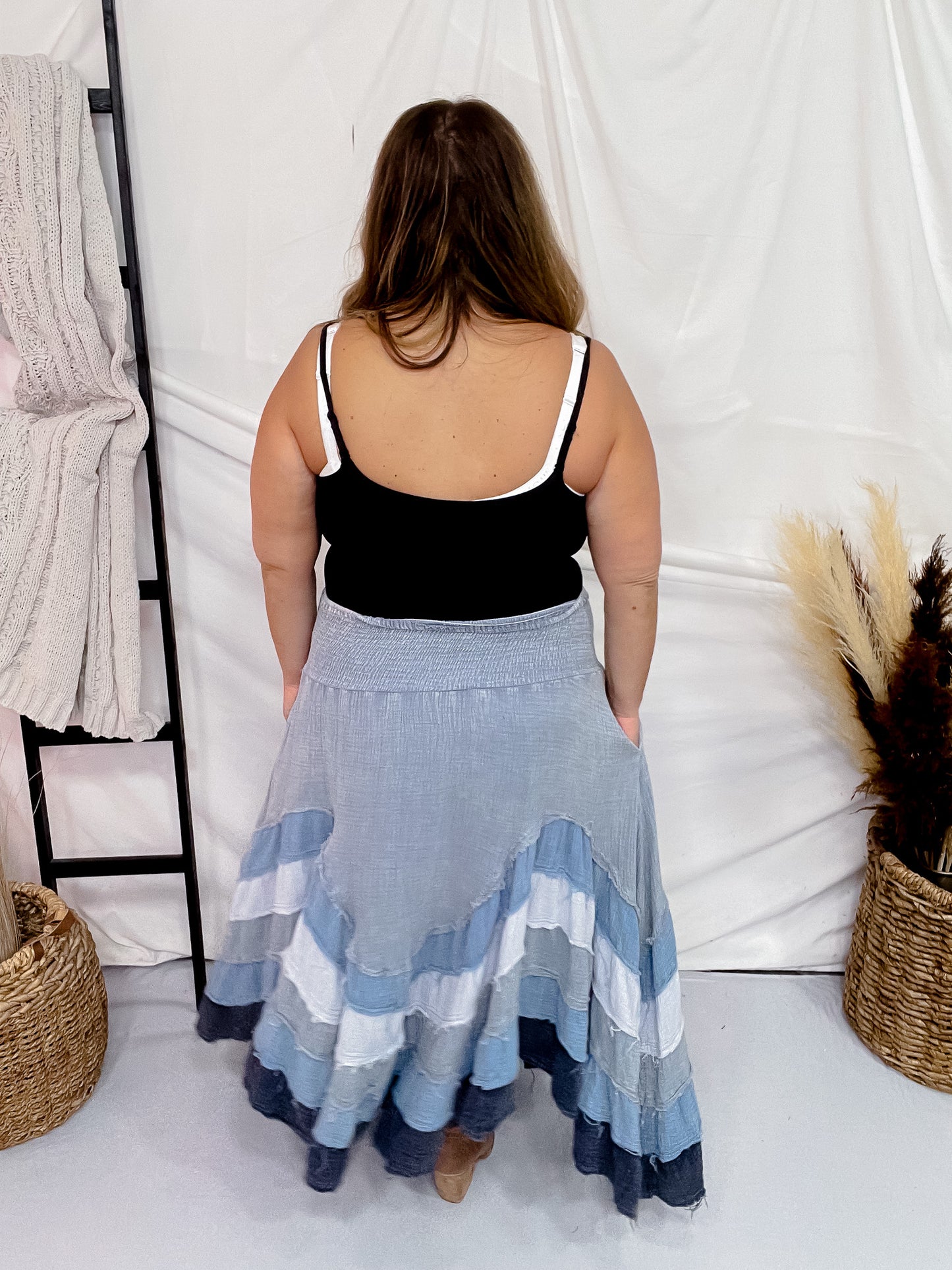 Blue Mineral Washed Tiered Hem Skirt