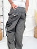 Black Washed Elastic Waist String Point Big Pocket Trousers