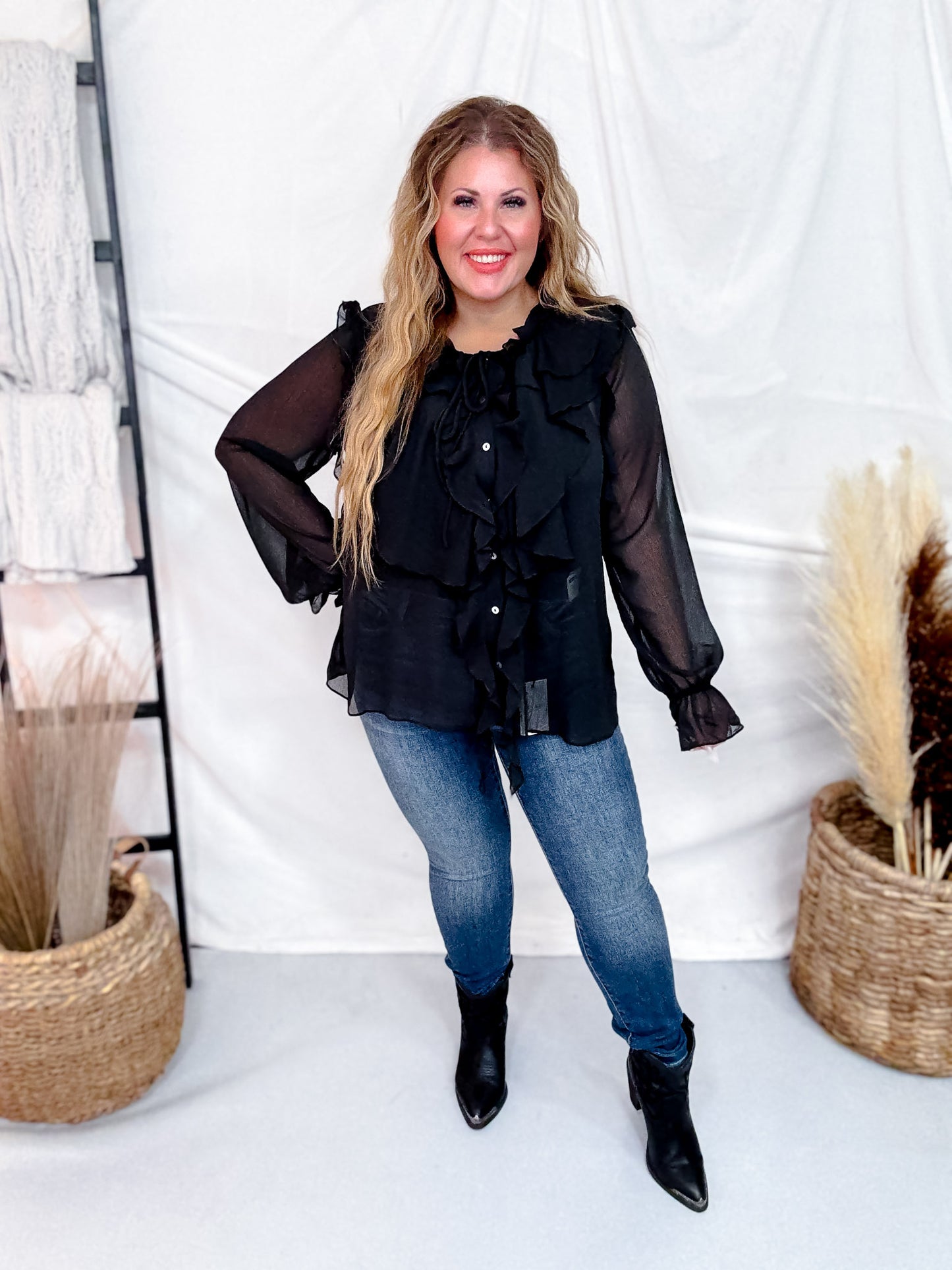 Sheer Chiffon Black Blouse W/ Cascading Ruffle Trim