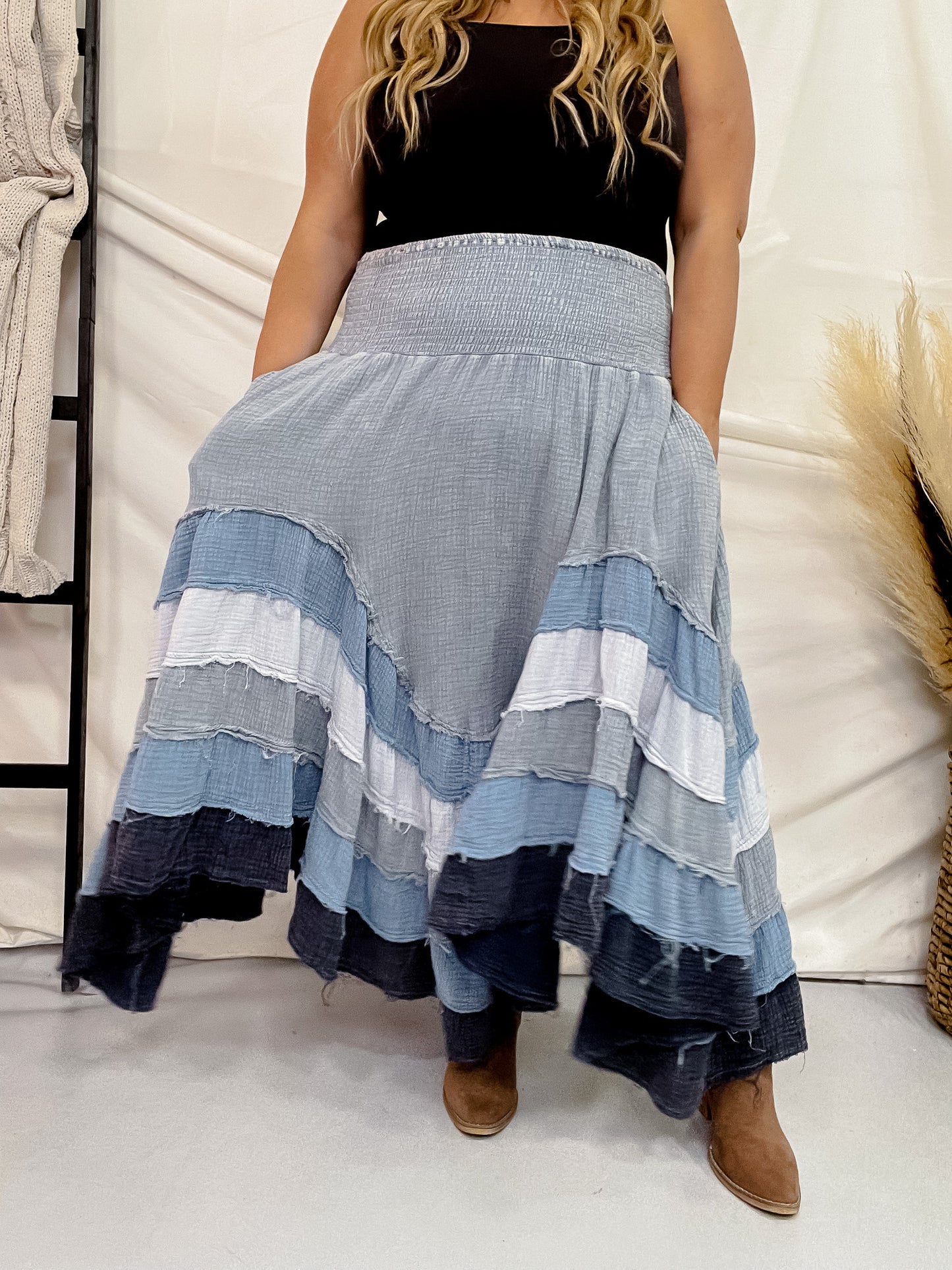 Blue Mineral Washed Tiered Hem Skirt