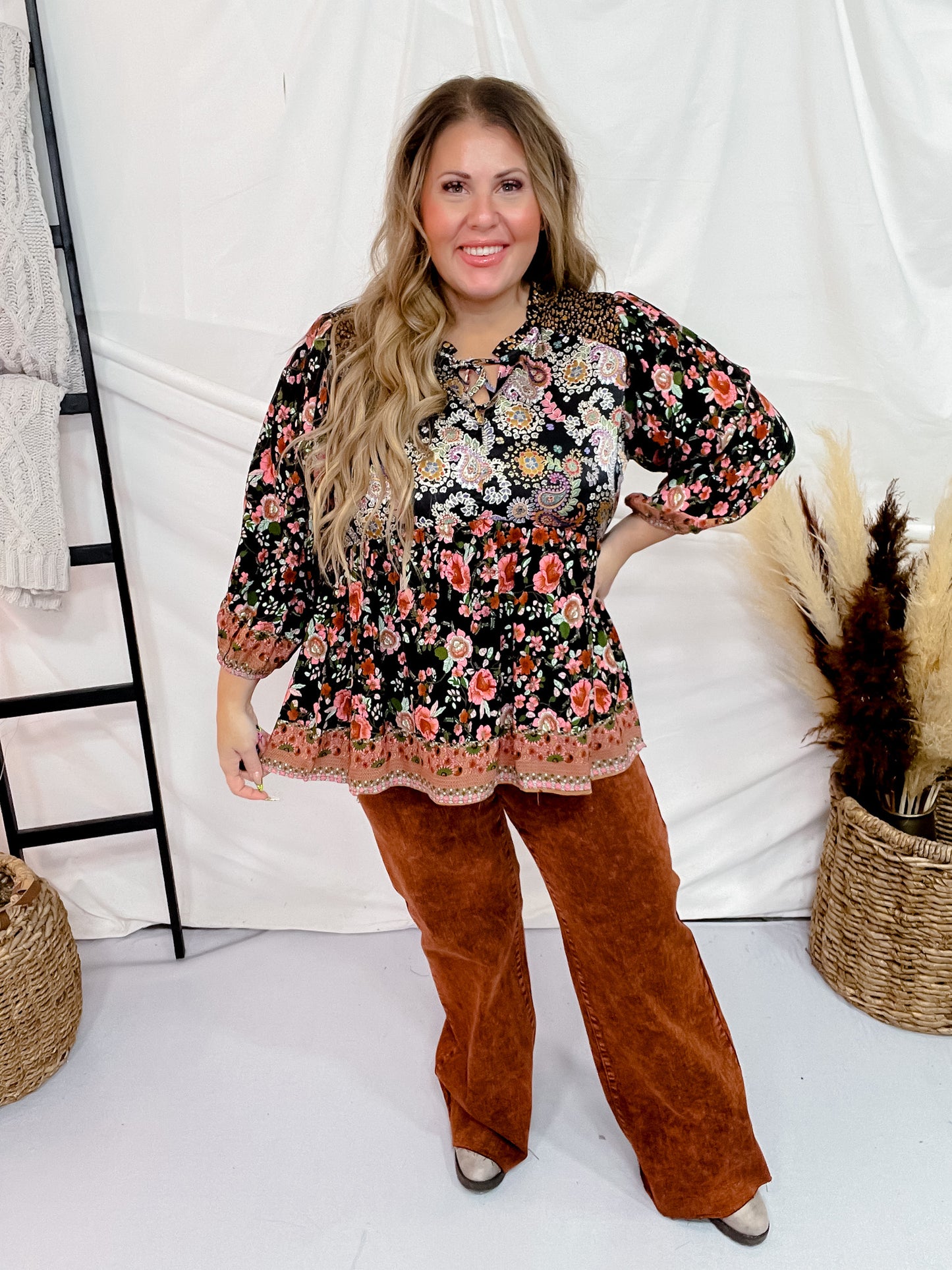 Paisley & Floral Print Split Neck Top