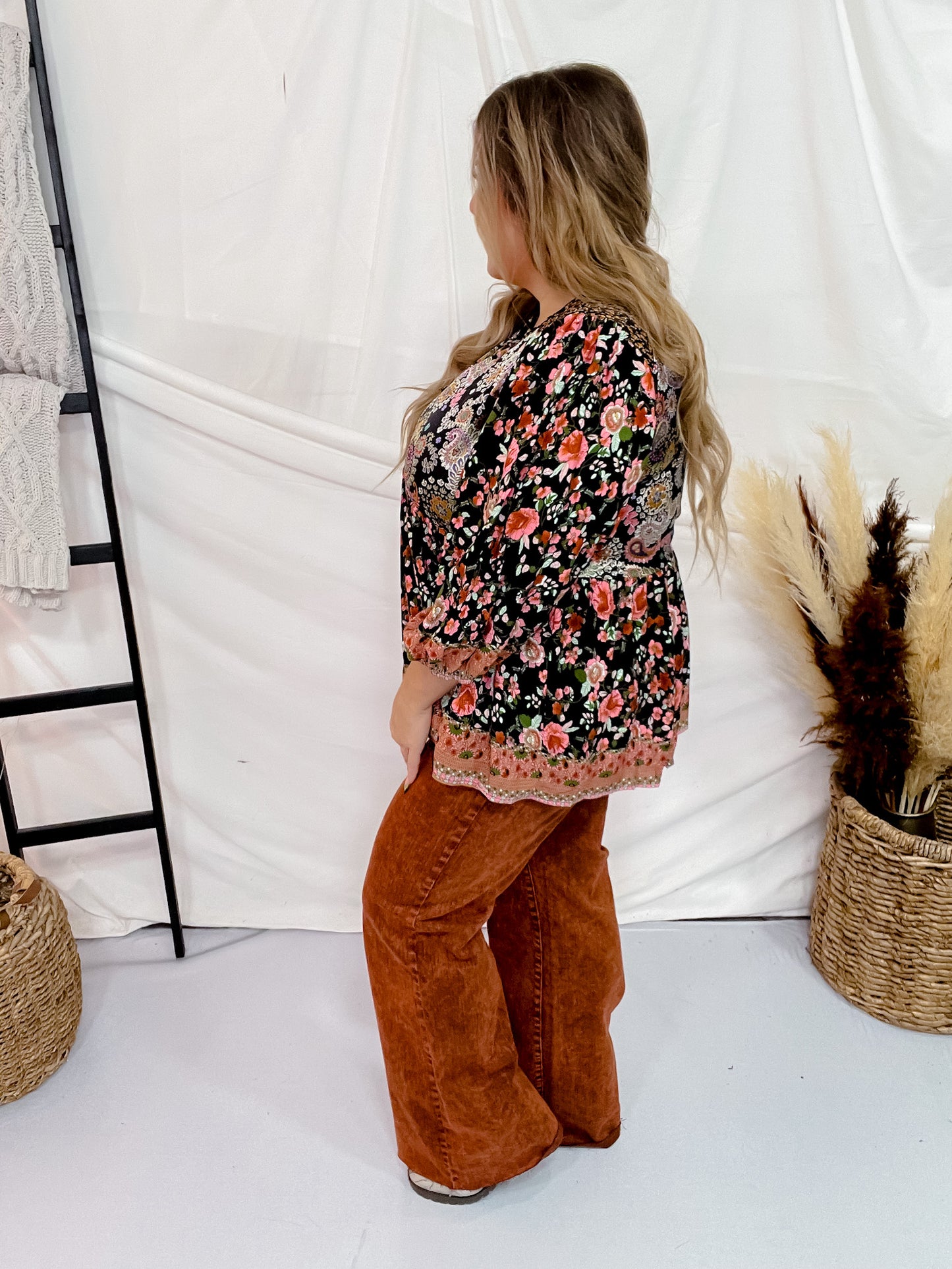 Paisley & Floral Print Split Neck Top