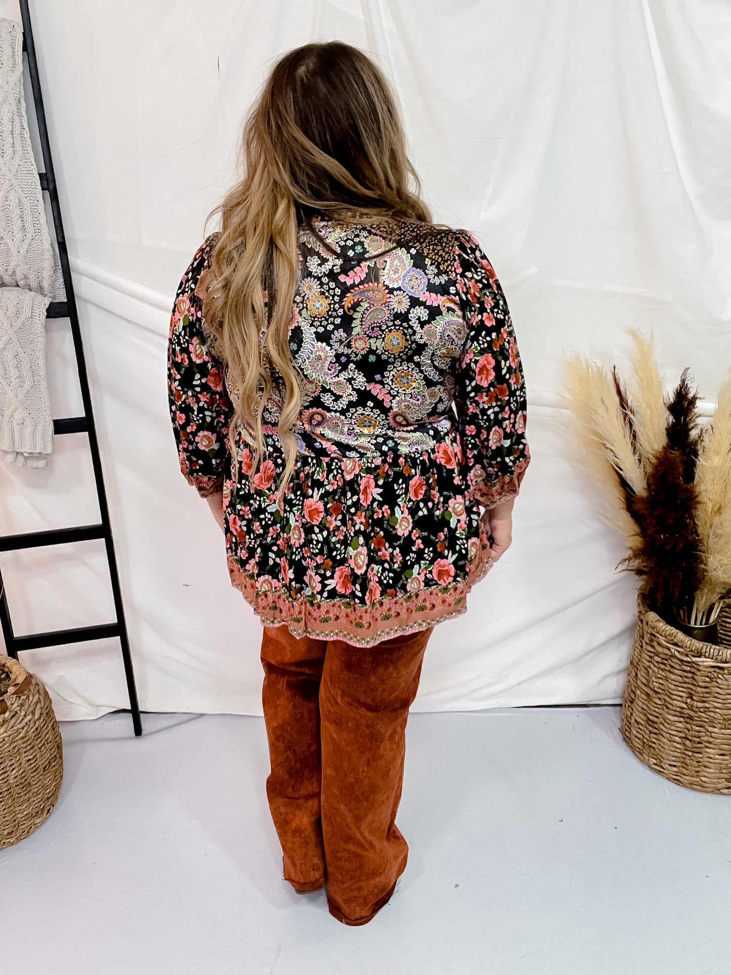 Paisley & Floral Print Split Neck Top