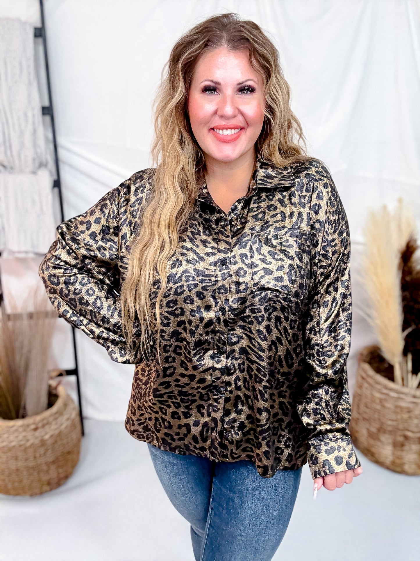 Long Sleeve Button Down Silky Leopard Blouse