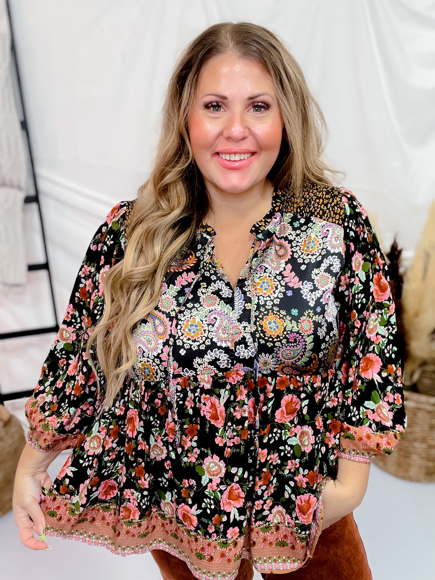 Paisley & Floral Print Split Neck Top