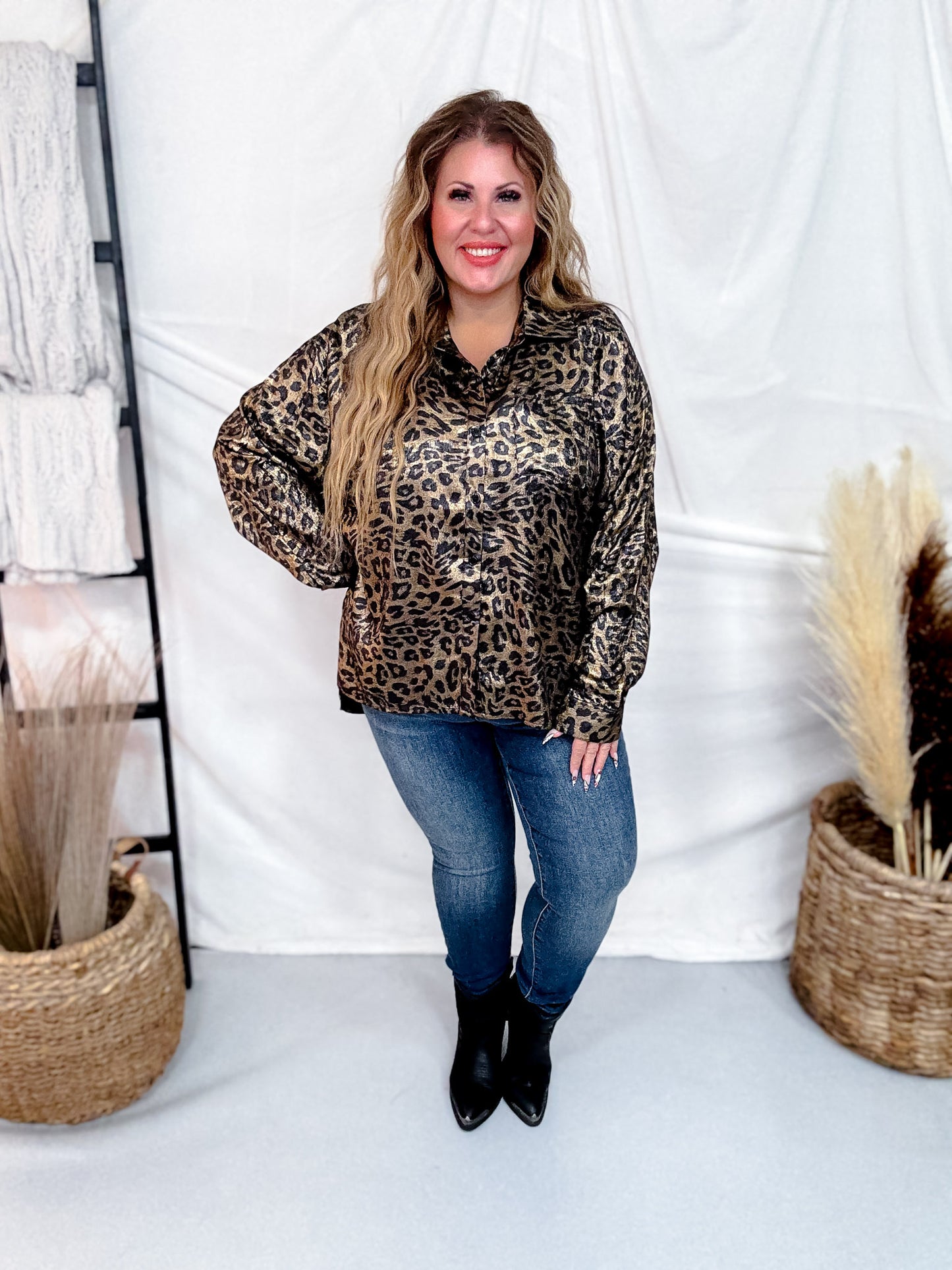 Long Sleeve Button Down Silky Leopard Blouse
