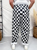 Black & White Checkerboard Barrel Leg Pants With Floral Print