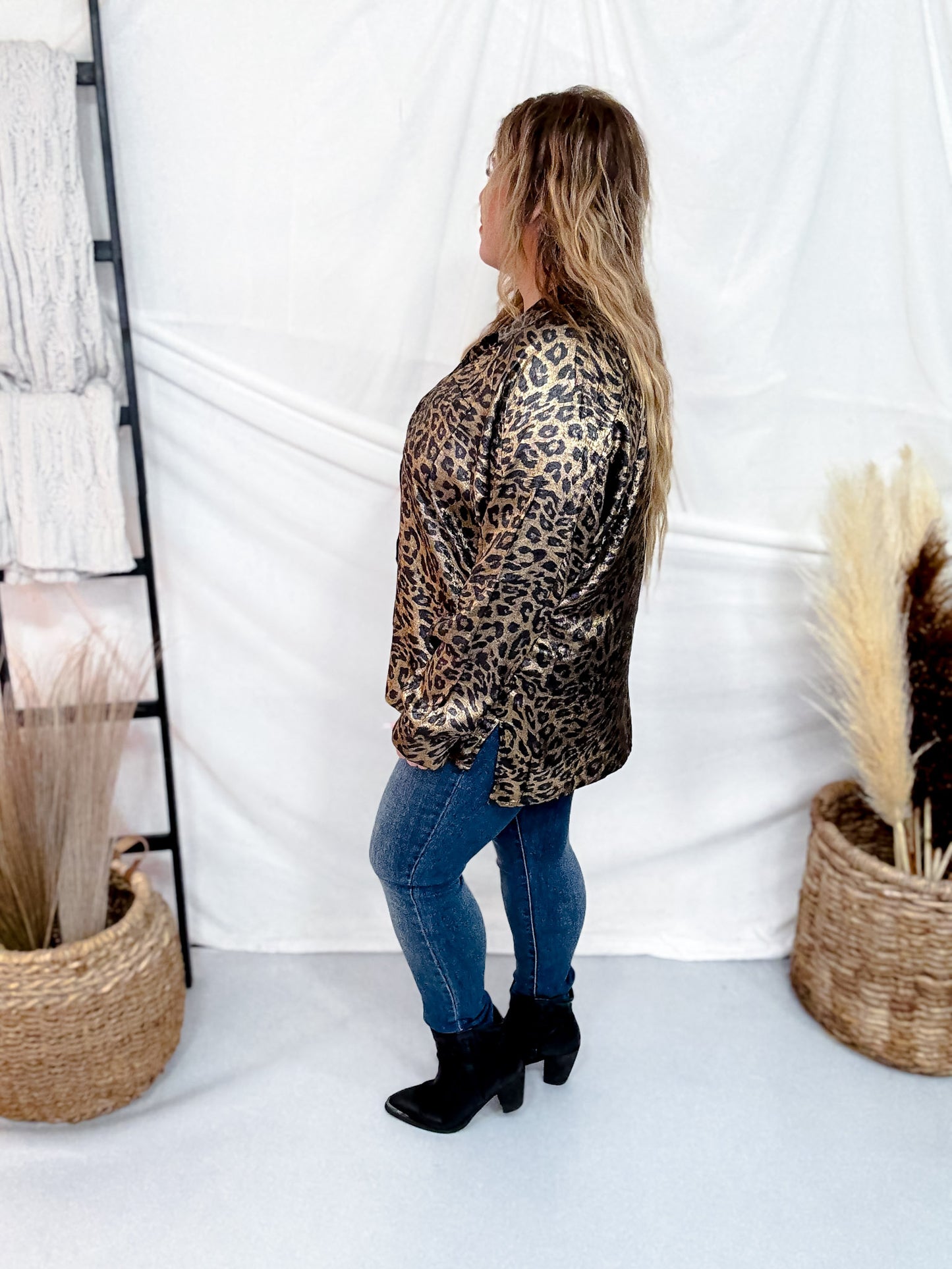 Long Sleeve Button Down Silky Leopard Blouse