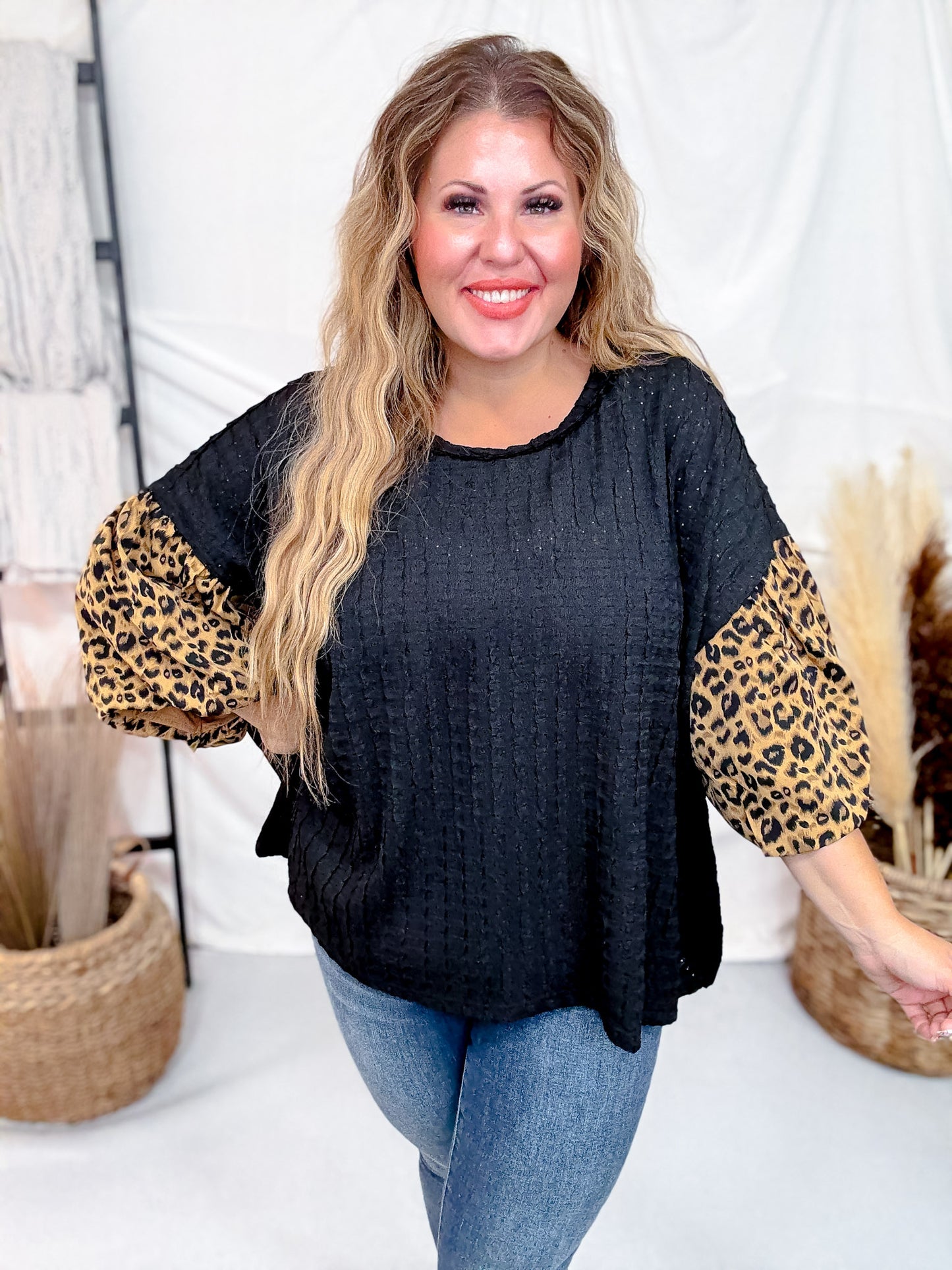 Textured Black Knit Top W/ Leopard Printed Bubble Sleeves