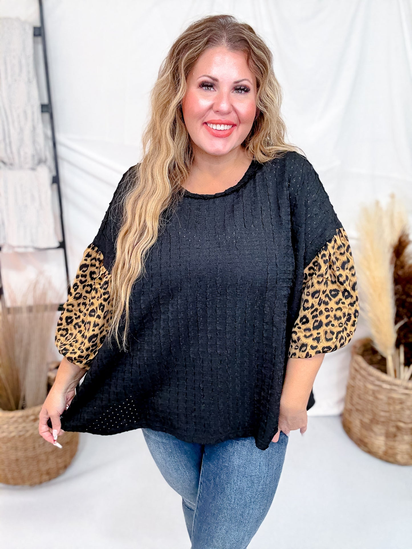 Textured Black Knit Top W/ Leopard Printed Bubble Sleeves