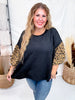 Textured Black Knit Top W/ Leopard Printed Bubble Sleeves