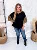 Textured Black Knit Top W/ Leopard Printed Bubble Sleeves