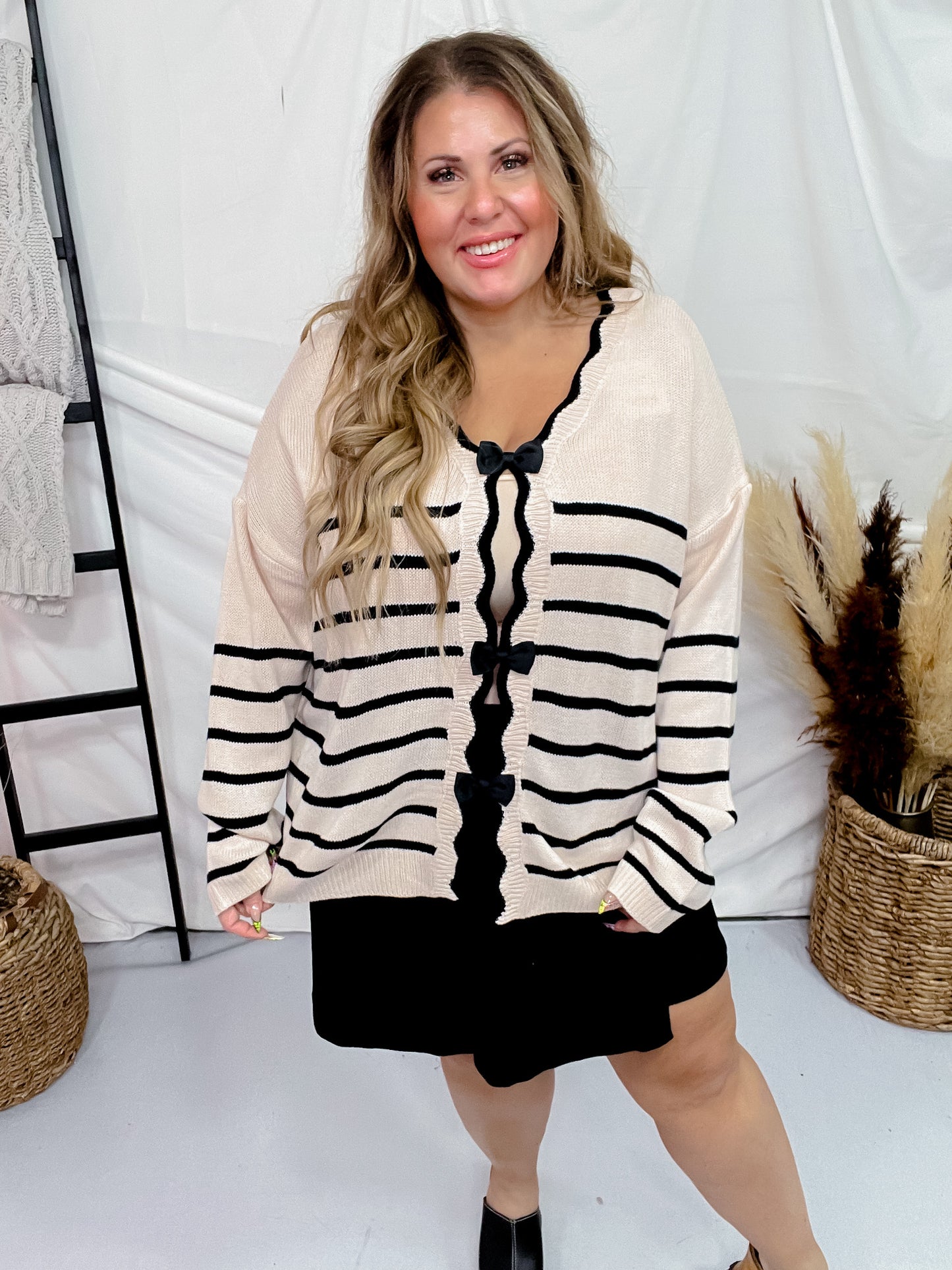 Cream and Black Striped Cardigan with Scalloped Edge Neckline