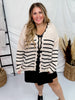 Cream and Black Striped Cardigan with Scalloped Edge Neckline
