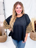 Textured Black Knit Top W/ Leopard Printed Bubble Sleeves