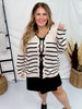 Cream and Black Striped Cardigan with Scalloped Edge Neckline