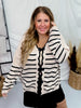 Cream and Black Striped Cardigan with Scalloped Edge Neckline