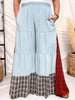 Plaid & Chambray Tiered Wide Leg Elastic Waist Pants