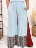 Plaid & Chambray Tiered Wide Leg Elastic Waist Pants