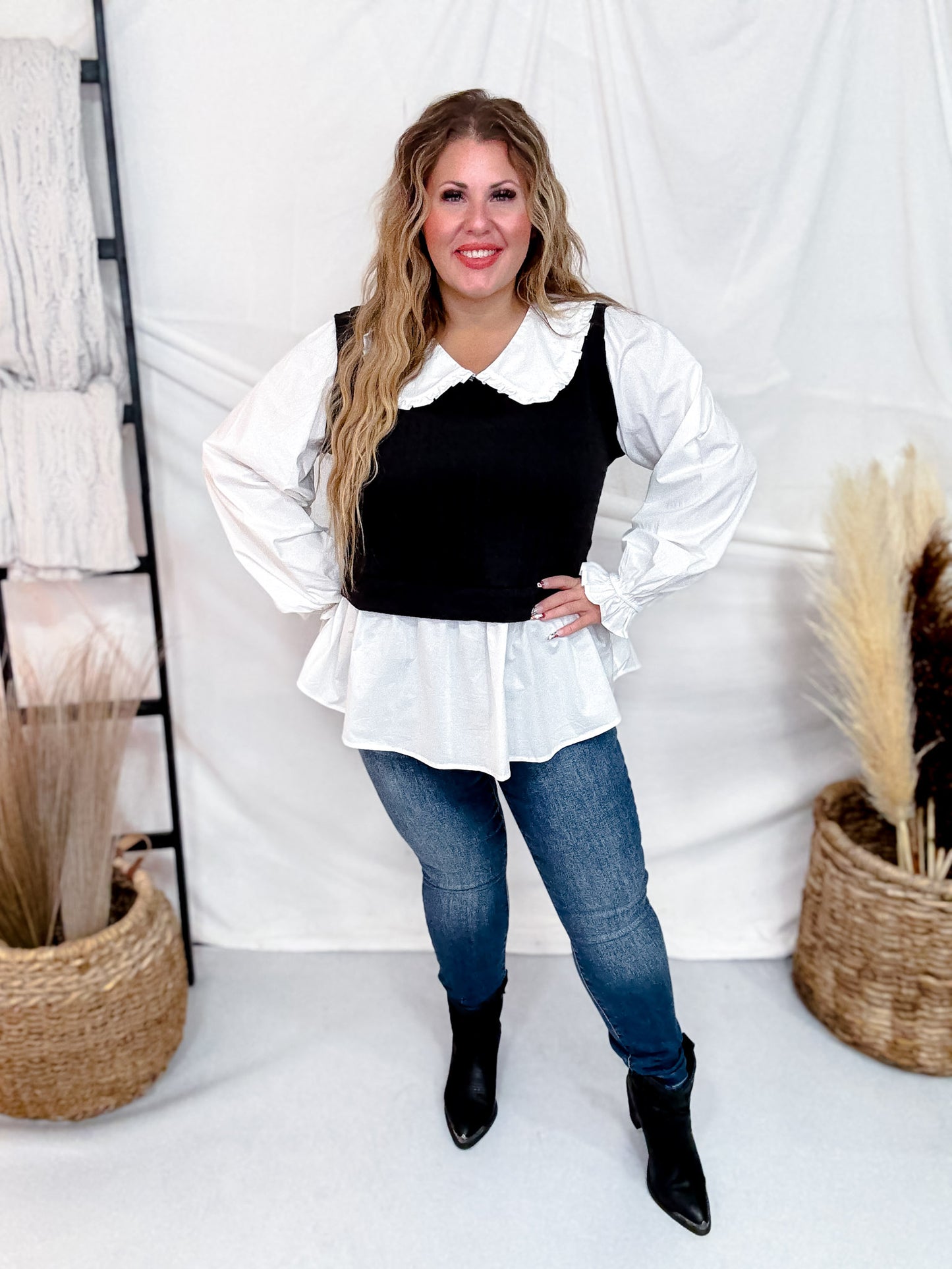 Popplin Collar Long Sleeve Blouse W/ Knit Vest